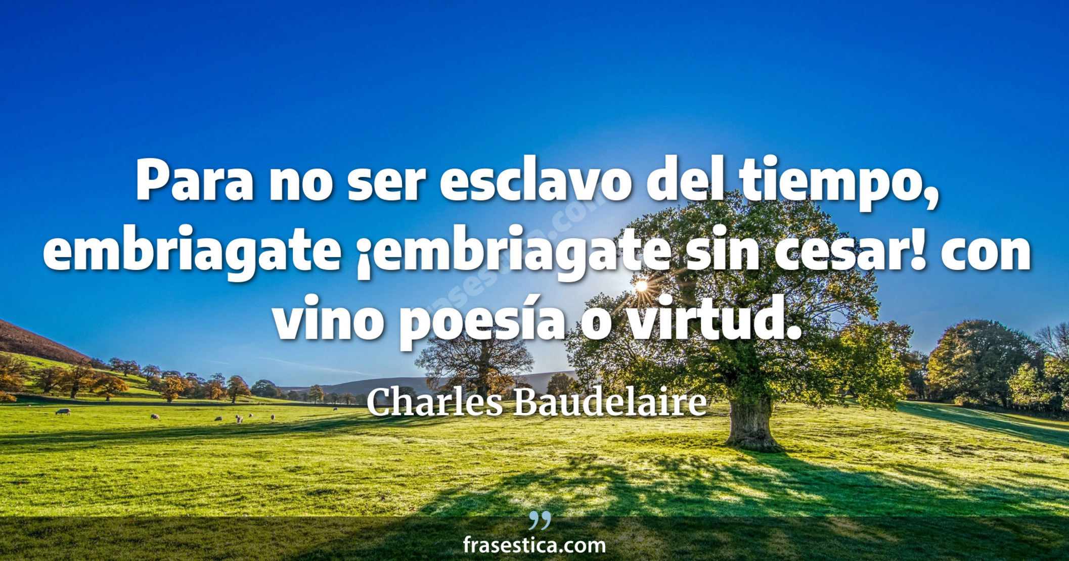 Para no ser esclavo del tiempo, embriagate ¡embriagate sin cesar! con vino poesía o virtud. - Charles Baudelaire