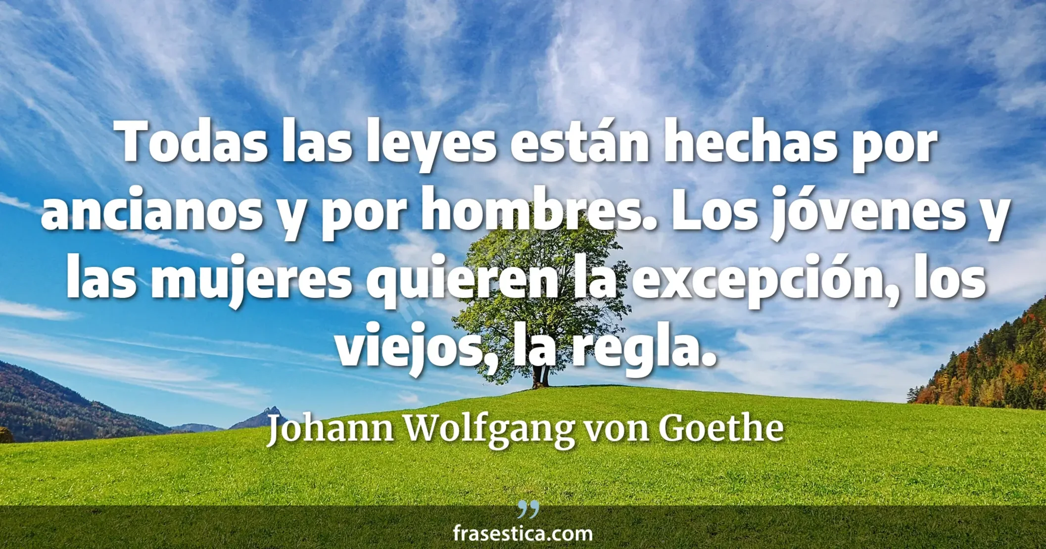 Todas las leyes están hechas por ancianos y por hombres. Los jóvenes y las mujeres quieren la excepción, los viejos, la regla. - Johann Wolfgang von Goethe