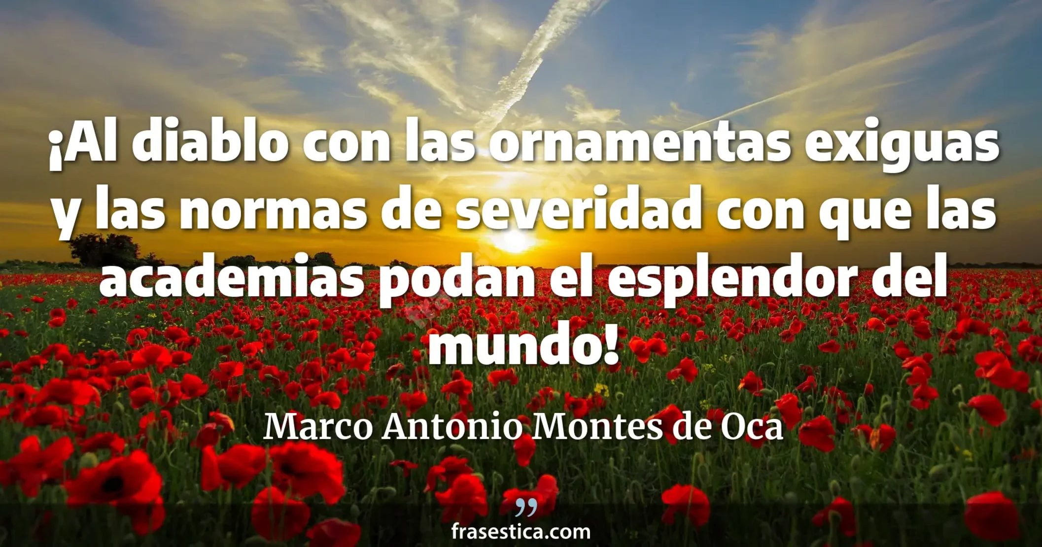 ¡Al diablo con las ornamentas exiguas y las normas de severidad con que las academias podan el esplendor del mundo! - Marco Antonio Montes de Oca
