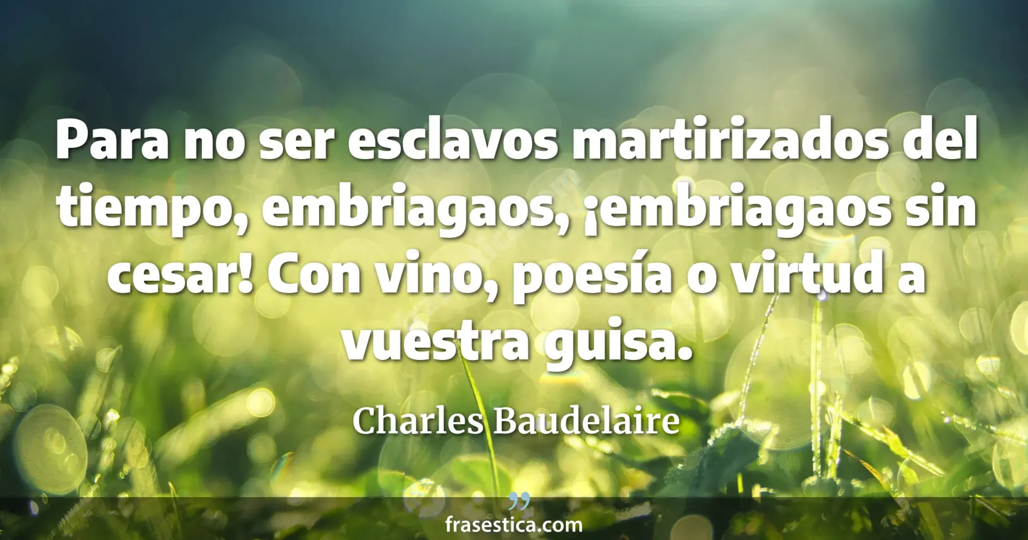 Para no ser esclavos martirizados del tiempo, embriagaos, ¡embriagaos sin cesar! Con vino, poesía o virtud a vuestra guisa. - Charles Baudelaire