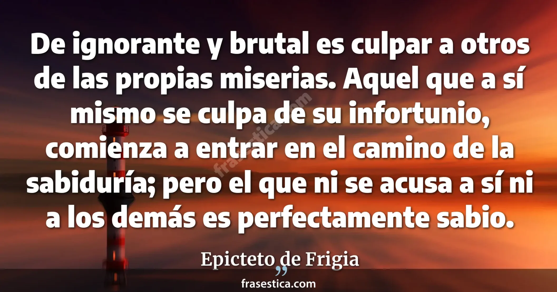 De ignorante y brutal es culpar a otros de las propias miserias. Aquel que a sí mismo se culpa de su infortunio, comienza a entrar en el camino de la sabiduría; pero el que ni se acusa a sí ni a los demás es perfectamente sabio. - Epicteto de Frigia