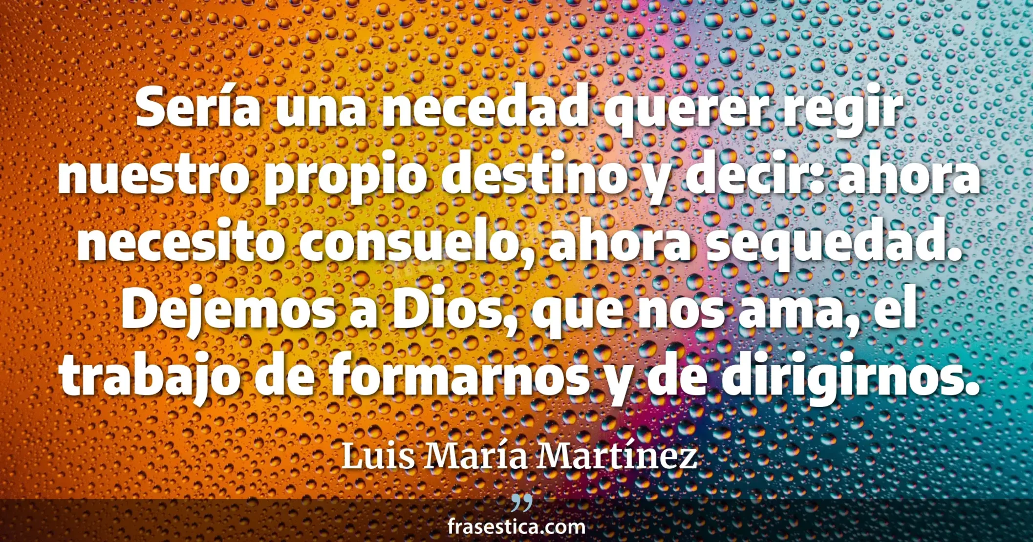 Sería una necedad querer regir nuestro propio destino y decir: ahora necesito consuelo, ahora sequedad. Dejemos a Dios, que nos ama, el trabajo de formarnos y de dirigirnos. - Luis María Martínez