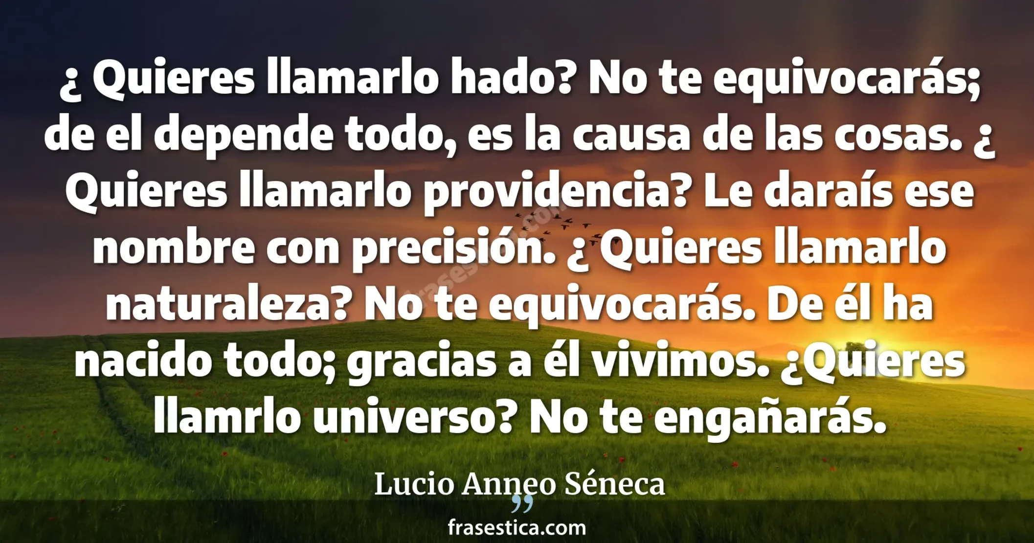¿ Quieres llamarlo hado? No te equivocarás; de el depende todo, es la causa de las cosas. ¿ Quieres llamarlo providencia? Le daraís ese nombre con precisión. ¿ Quieres llamarlo naturaleza? No te equivocarás. De él ha nacido todo; gracias a él vivimos. ¿Quieres llamrlo universo? No te engañarás. - Lucio Anneo Séneca