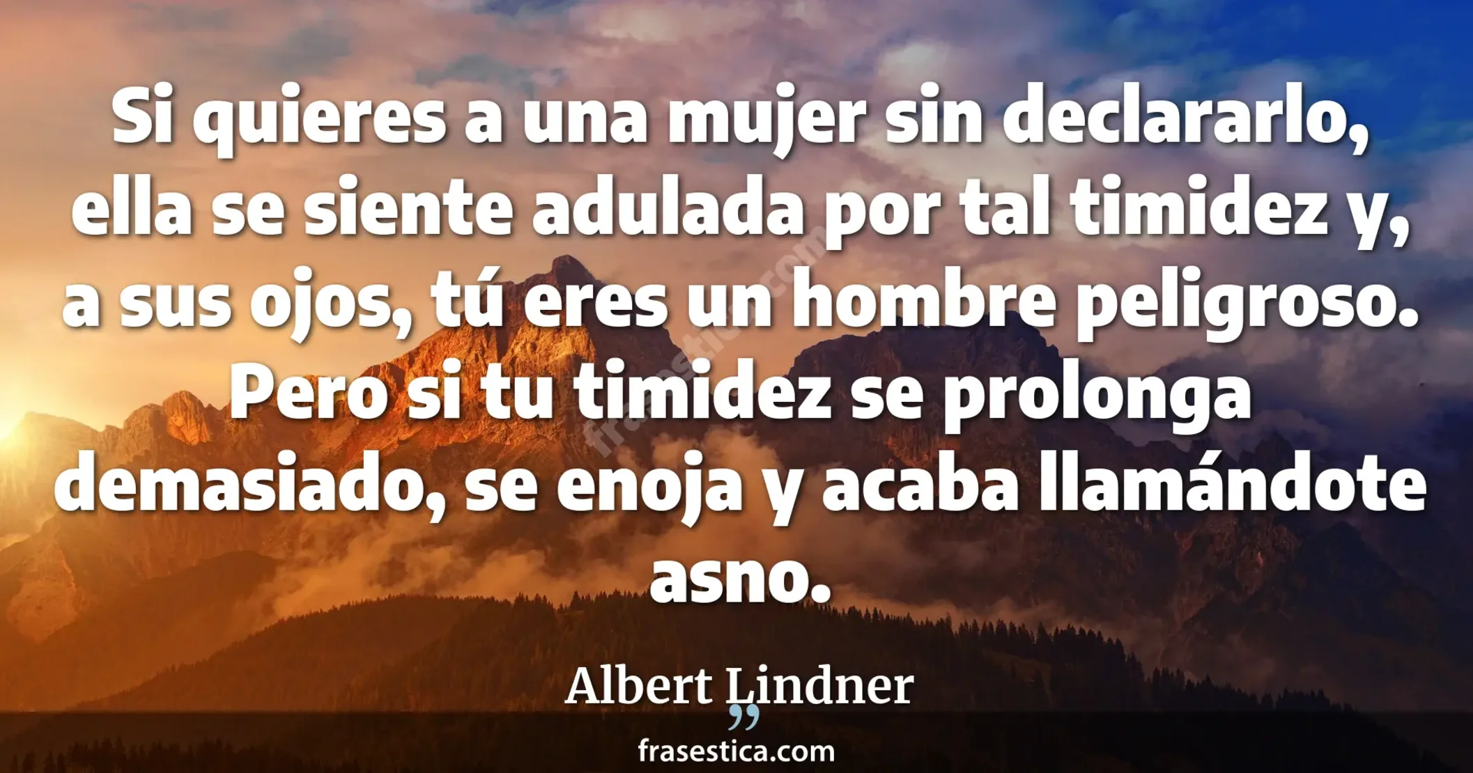 Si quieres a una mujer sin declararlo, ella se siente adulada por tal timidez y, a sus ojos, tú eres un hombre peligroso. Pero si tu timidez se prolonga demasiado, se enoja y acaba llamándote asno. - Albert Lindner