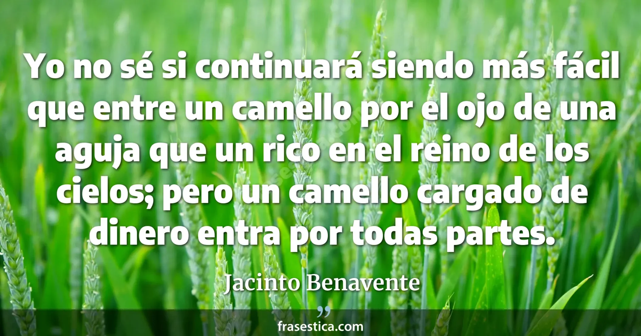 Yo no sé si continuará siendo más fácil que entre un camello por el ojo de una aguja que un rico en el reino de los cielos; pero un camello cargado de dinero entra por todas partes. - Jacinto Benavente