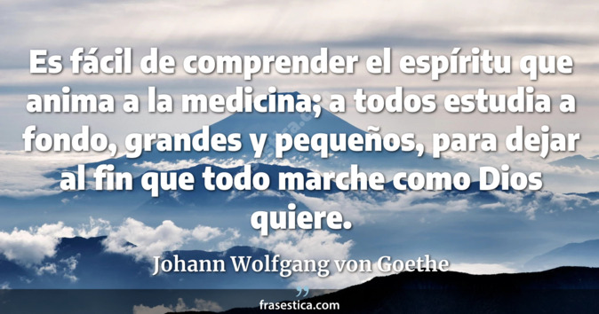 Es fácil de comprender el espíritu que anima a la medicina; a todos estudia a fondo, grandes y pequeños, para dejar al fin que todo marche como Dios quiere. - Johann Wolfgang von Goethe