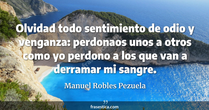 Olvidad todo sentimiento de odio y venganza: perdonaos unos a otros como yo perdono a los que van a derramar mi sangre. - Manuel Robles Pezuela