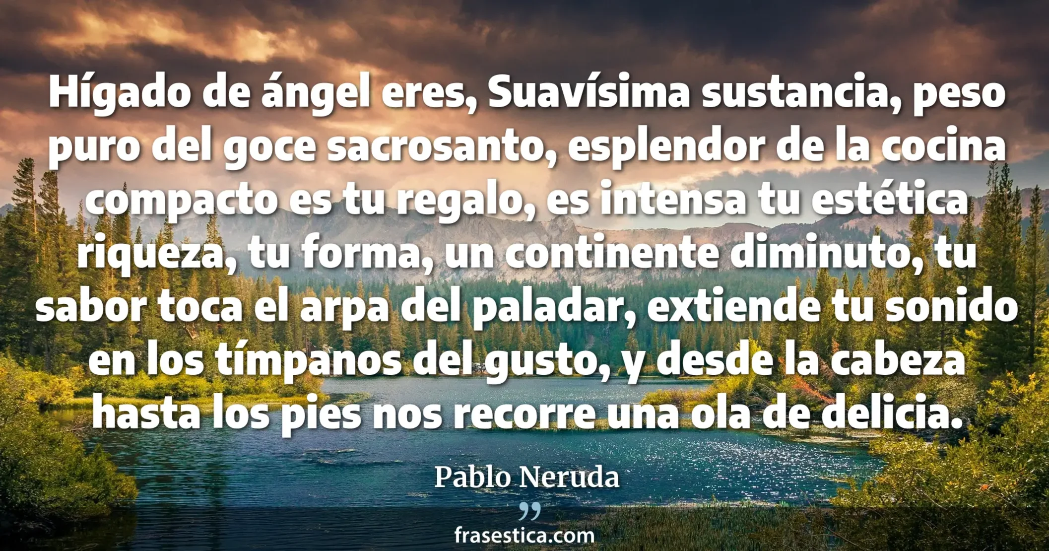 Hígado de ángel eres, Suavísima sustancia, peso puro del goce sacrosanto, esplendor de la cocina compacto es tu regalo, es intensa tu estética riqueza, tu forma, un continente diminuto, tu sabor toca el arpa del paladar, extiende tu sonido en los tímpanos del gusto, y desde la cabeza hasta los pies nos recorre una ola de delicia. - Pablo Neruda